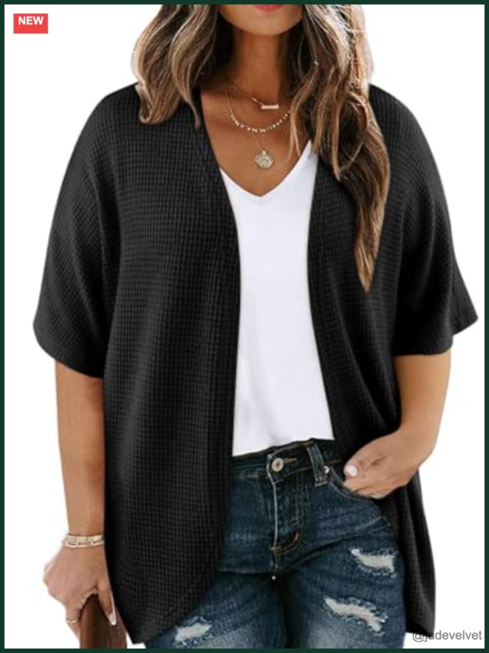 Plus Size Waffle Knit Cardigan Open Front Kimono Short Sleeve - Picture 1 of 6